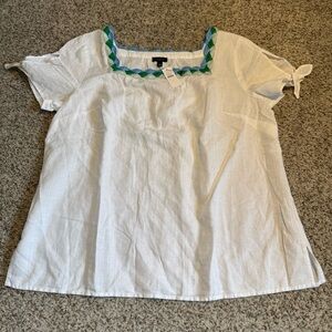 NWT Talbots Linen Blend Embroidered Square Neck Top In White/Blue Size L